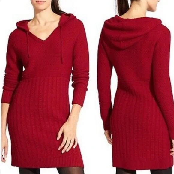 Athleta Red Cold Spell Merino Wool Cable Knit Hooded Sweater Dress XS - Picture 2 of 12
